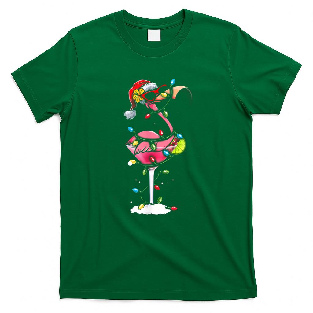Christmas Flamingo Santa Hat Martini Funny Xmas Cocktail T-Shirt