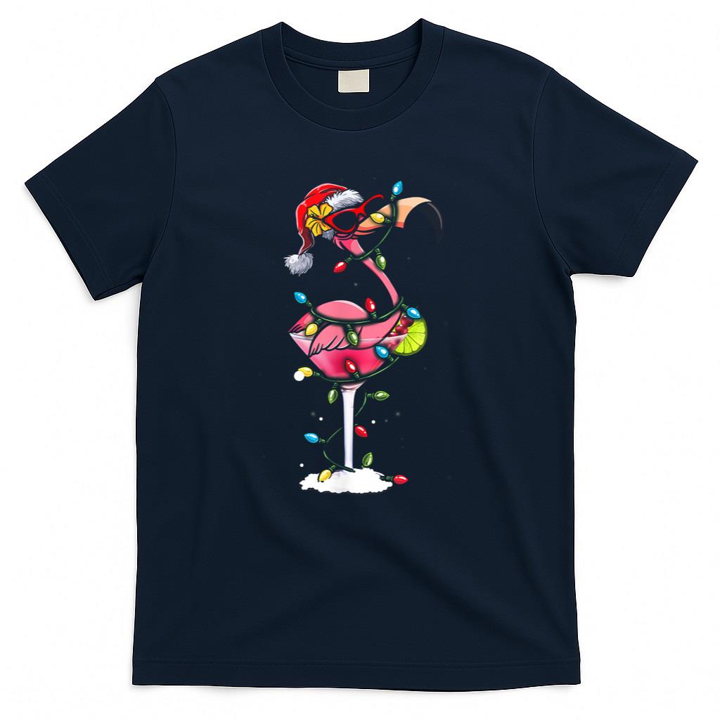 Christmas Flamingo Santa Hat Martini Funny Xmas Cocktail T-Shirt