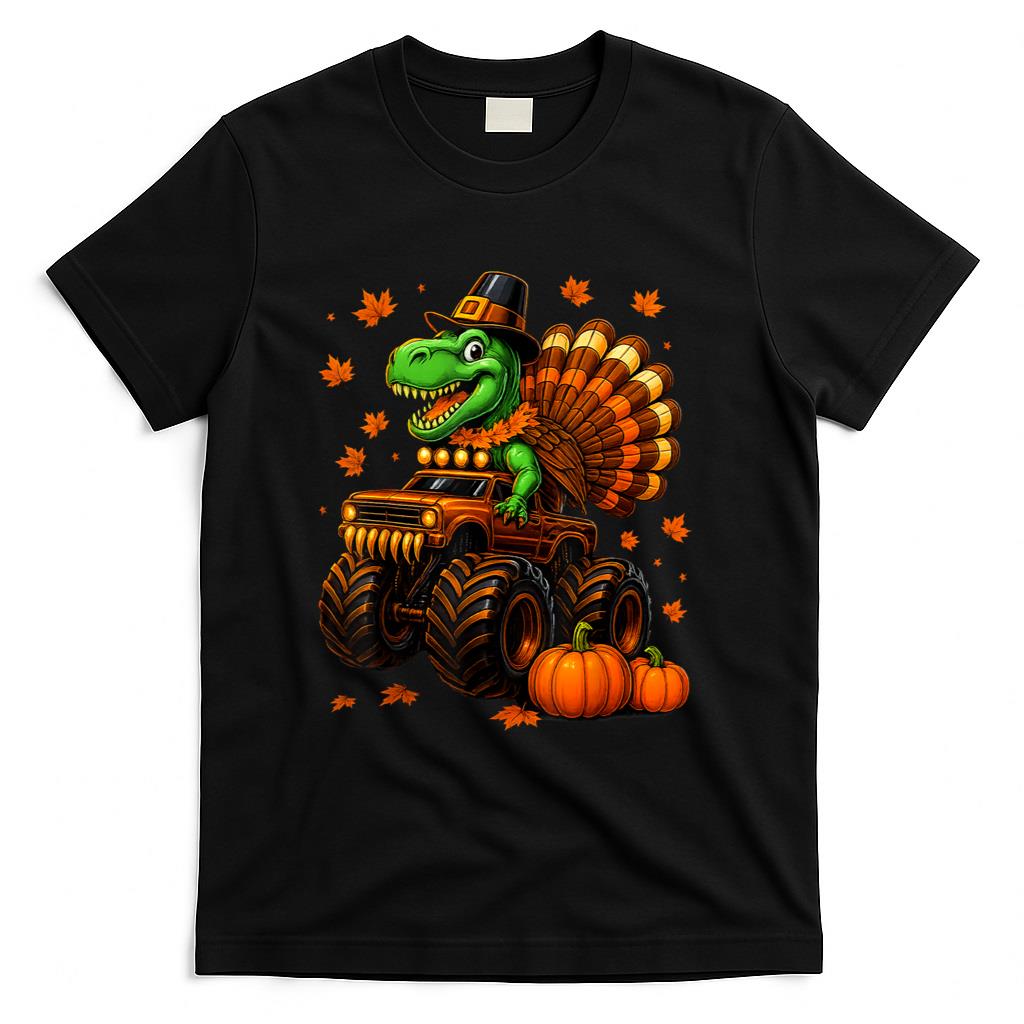 Turkey Trex Monster Truck Dinosaur Fall Thanksgiving Boy Kid T-Shirt