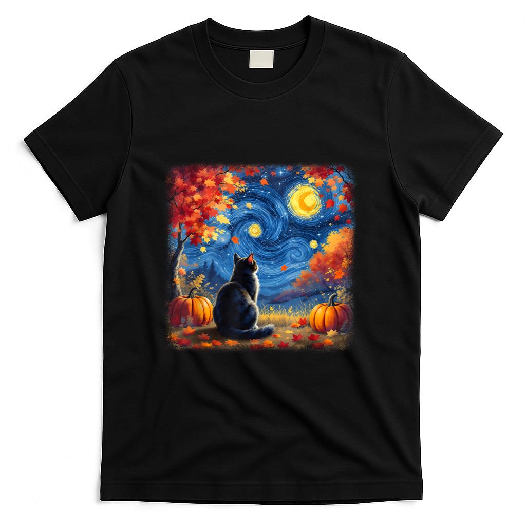 Cat Starry Night Van Gogh Cat Lover Thanksgiving Fall Autumn T-Shirt