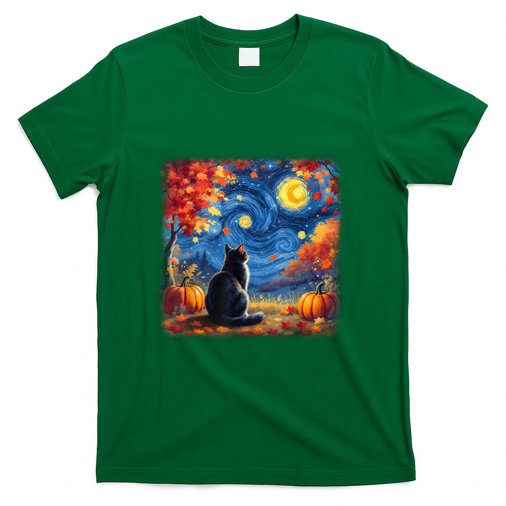 Cat Starry Night Van Gogh Cat Lover Thanksgiving Fall Autumn T-Shirt