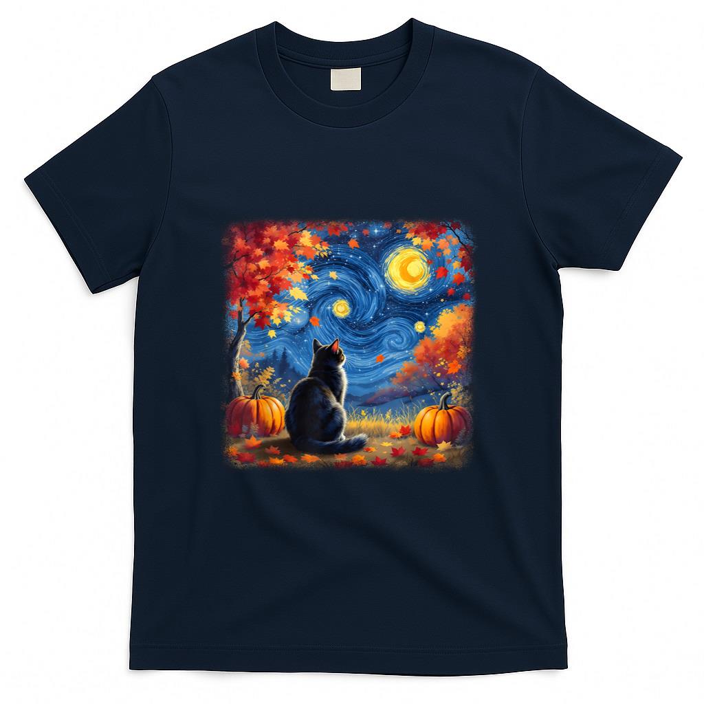 Cat Starry Night Van Gogh Cat Lover Thanksgiving Fall Autumn T-Shirt