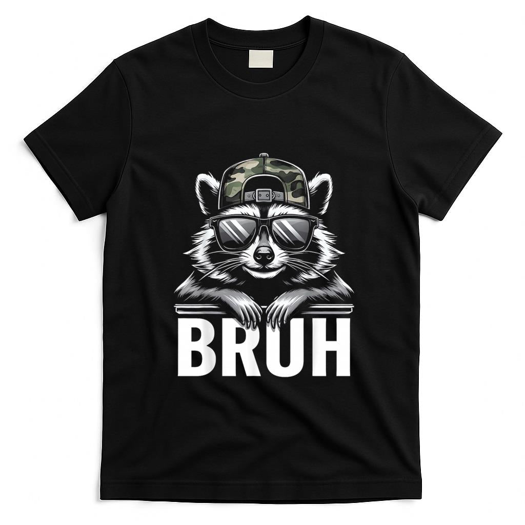 Funny Tees - Bruh Raccoon Trash Racoon Camo Hat Youth Teens Kids Slang T-Shirt