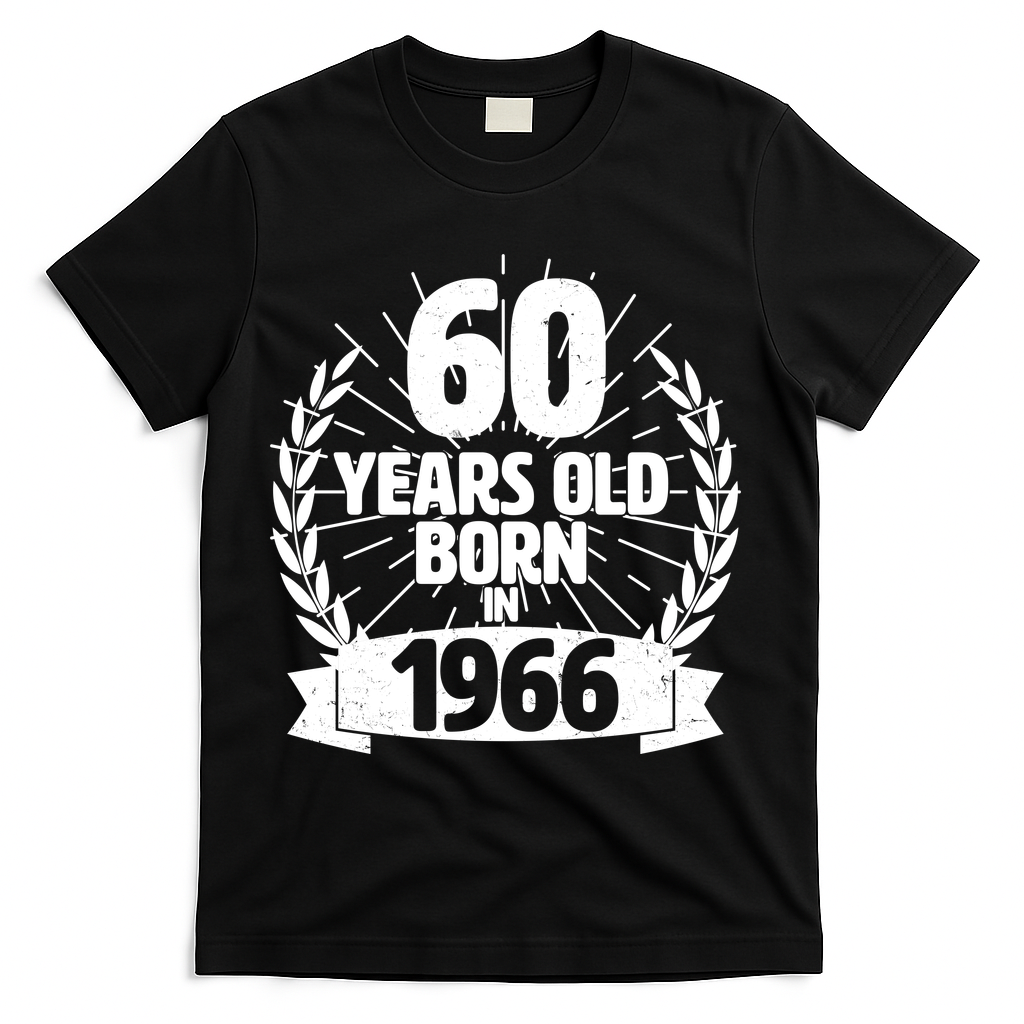 60th Birthday 60 Years Old Born In 1966 Wreath Banner  T-Shirt - Black