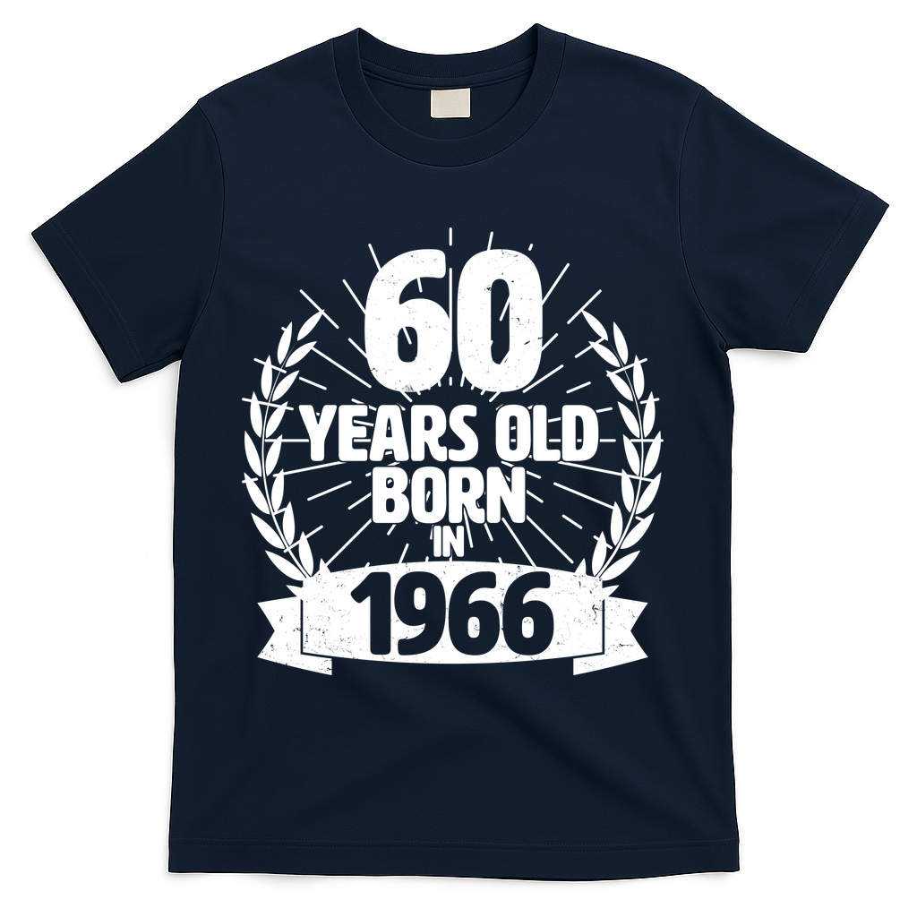 60th Birthday 60 Years Old Born In 1966 Wreath Banner  T-Shirt - Navy