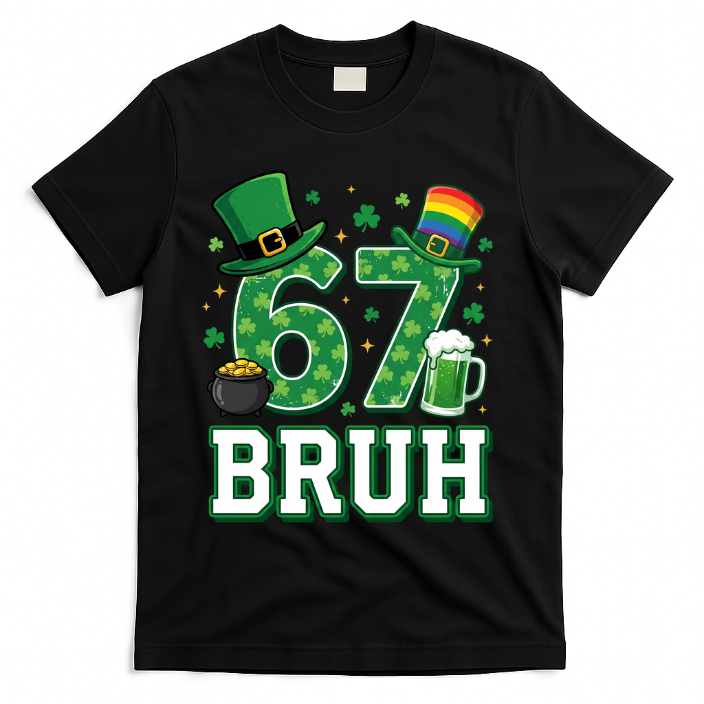 67 Bruh St Patrick’s Day 6-7 Funny Meme T-Shirt - Black