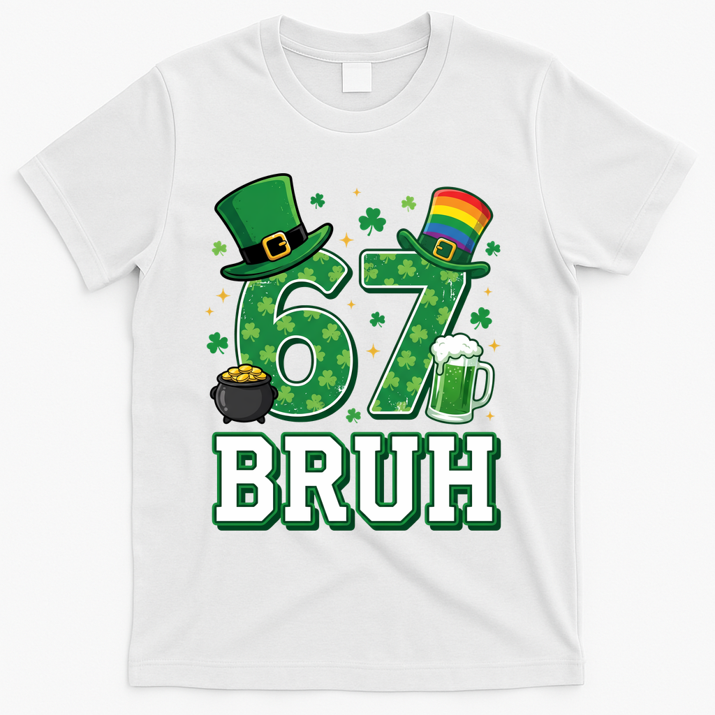 67 Bruh St Patrick’s Day 6-7 Funny Meme T-Shirt - White