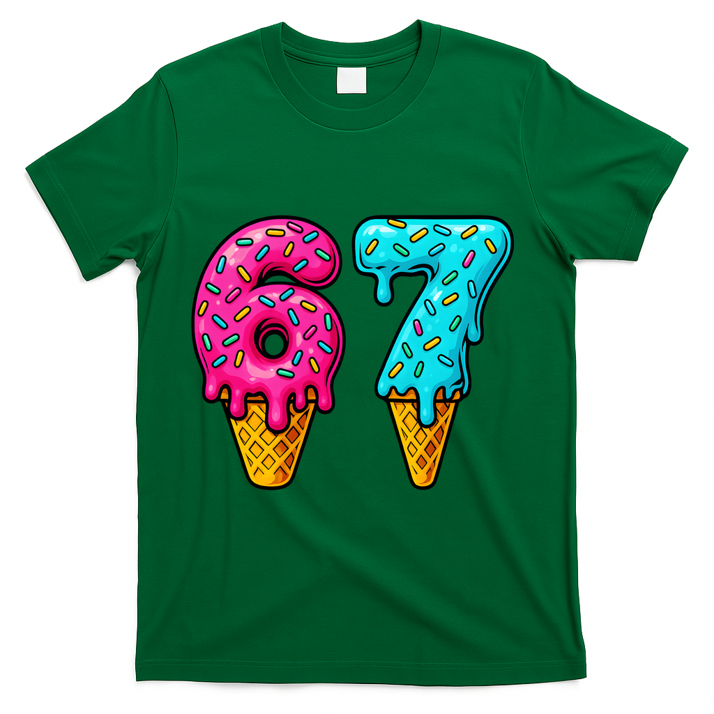 67 Ice Cream Cone Drip Number Sports 6-7 Meme T-Shirt - Green