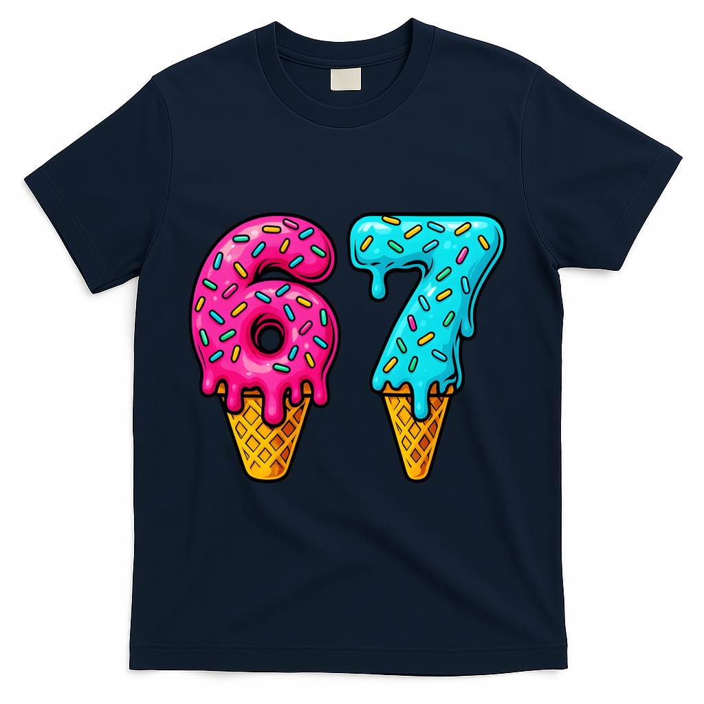 67 Ice Cream Cone Drip Number Sports 6-7 Meme T-Shirt - Navy