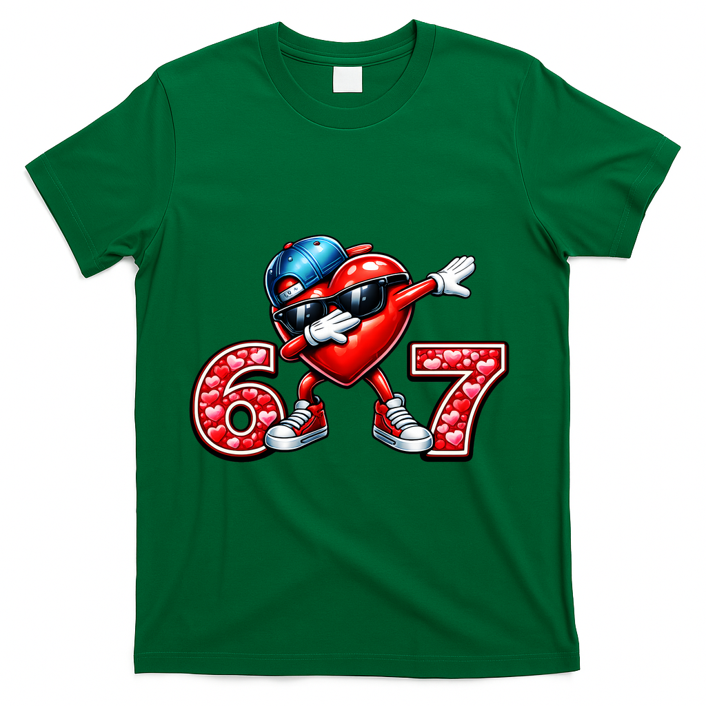 67 Meme 6-7 Heart Dabbing Six Seven Valentines Day T-Shirt - Green