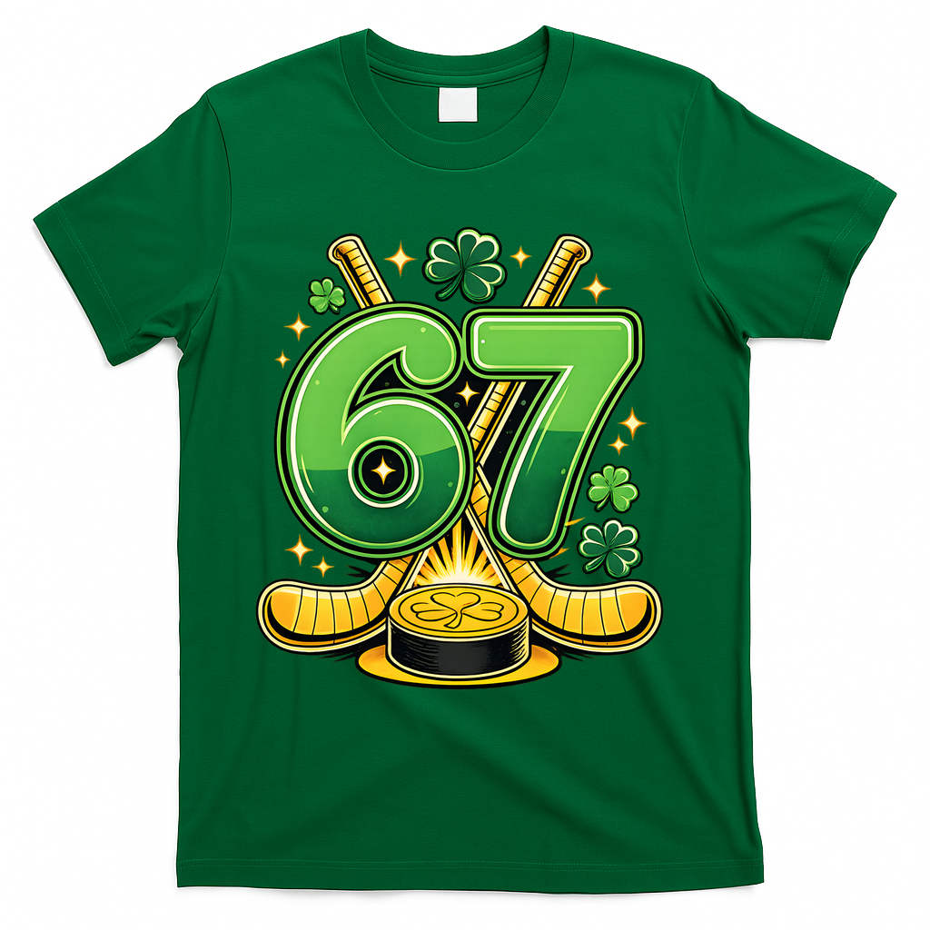 67 St Patricks Day Hockey Clover 6-7 Meme T-Shirt - Green