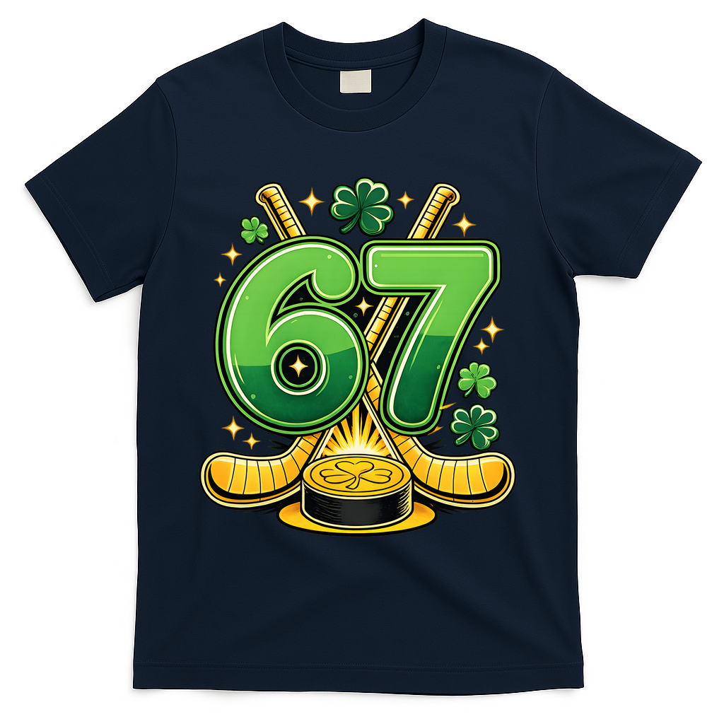 67 St Patricks Day Hockey Clover 6-7 Meme T-Shirt - Navy