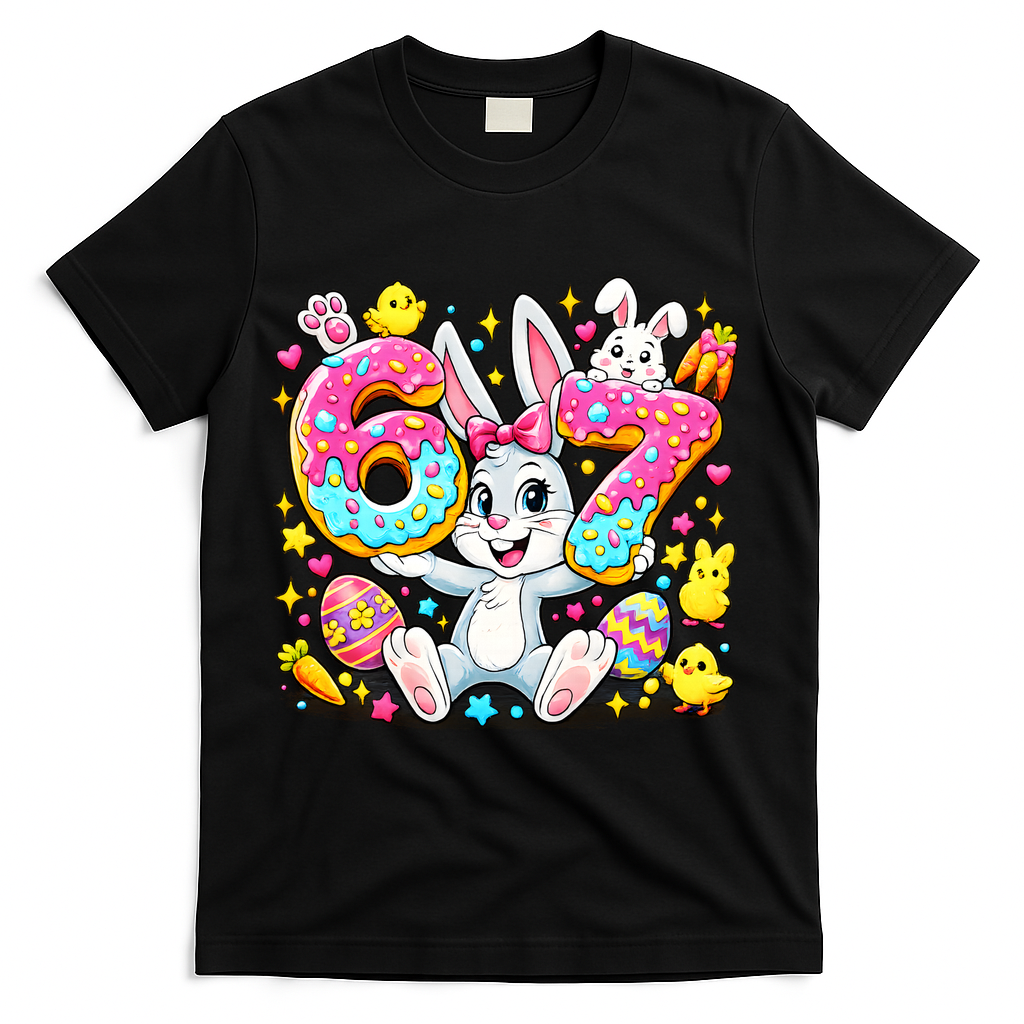 67 Six Seven Meme 6-7 Cute Rabbit Bunny Easter T-Shirt - Black