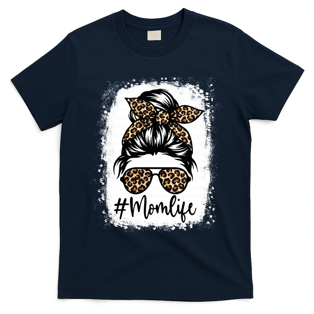 Women Mom Life Bleached Mom Life Leopard Messy Bun T-Shirt