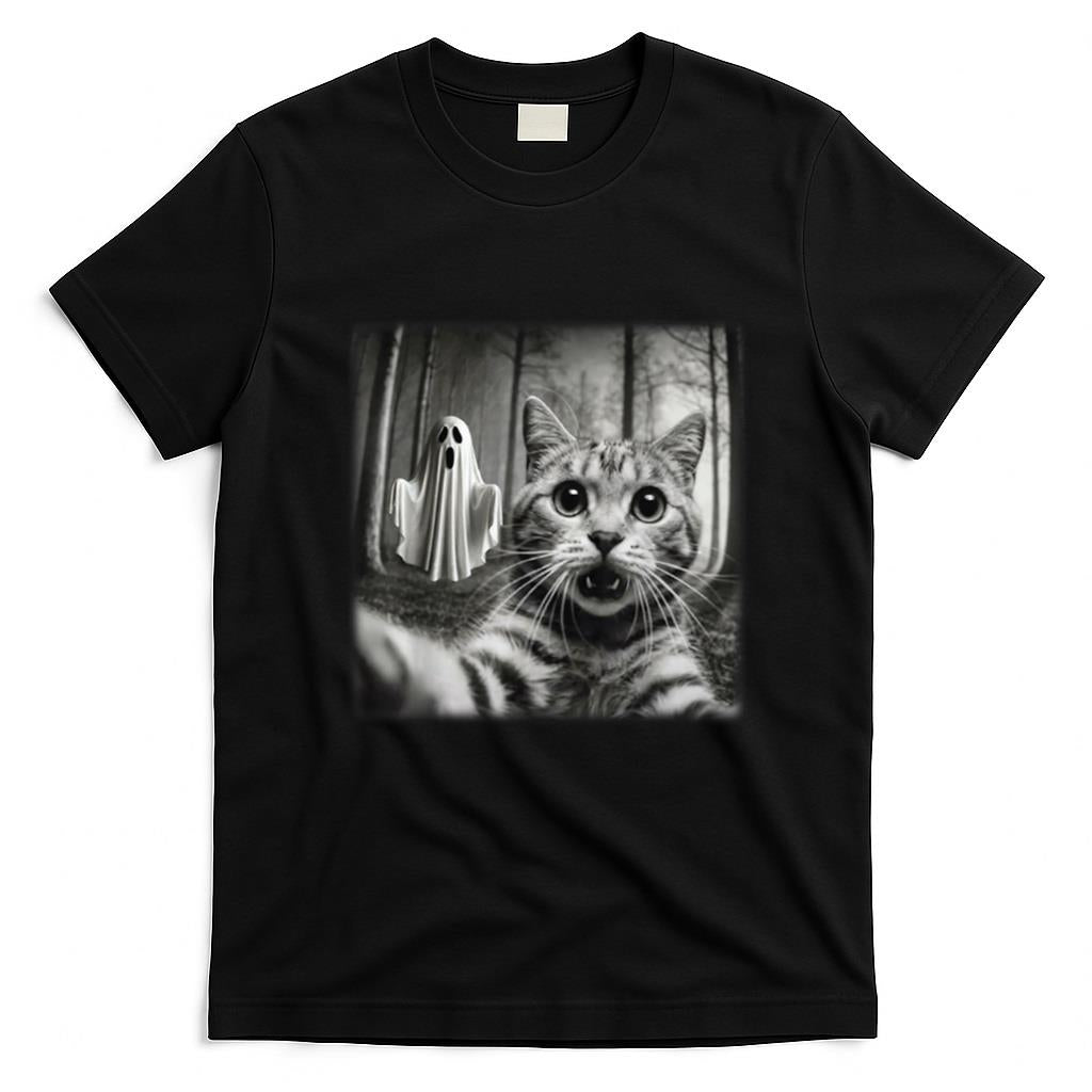 Funny Halloween Cat Selfie with Ghost T-Shirt
