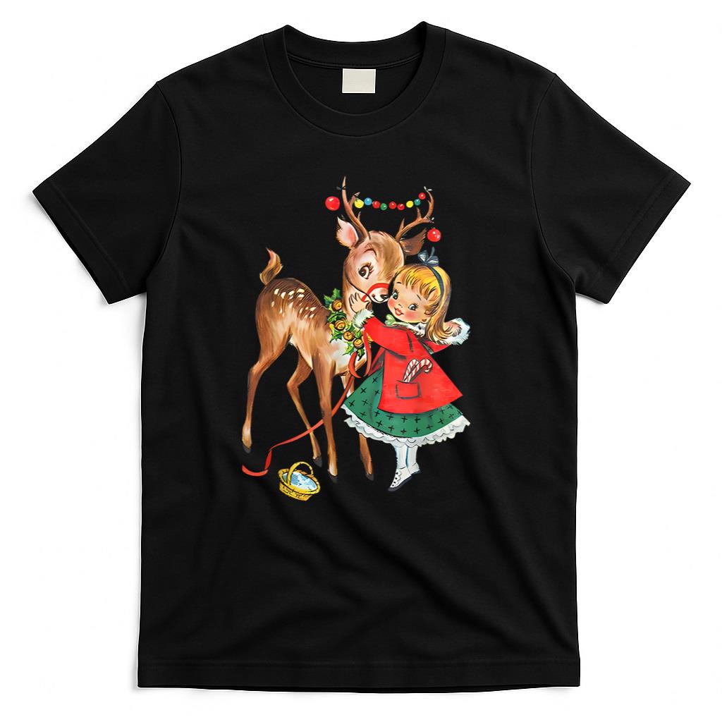 Retro Christmas Reindeer And Girl Mid Century Xmas T-Shirt