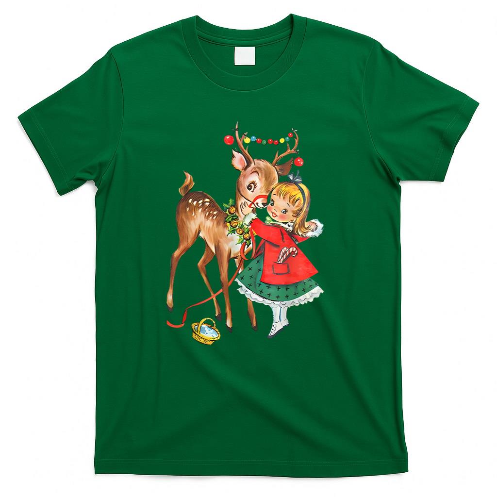 Retro Christmas Reindeer And Girl Mid Century Xmas T-Shirt