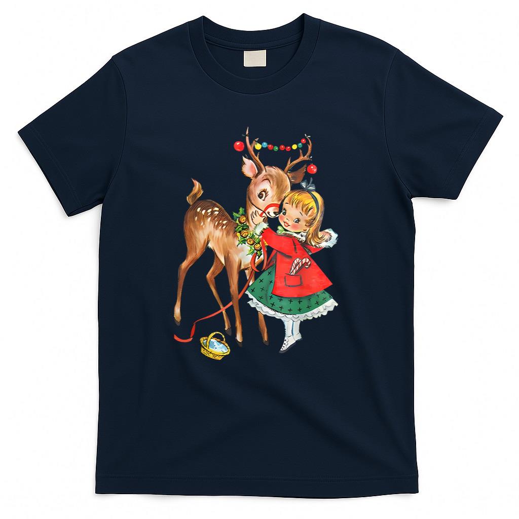 Retro Christmas Reindeer And Girl Mid Century Xmas T-Shirt