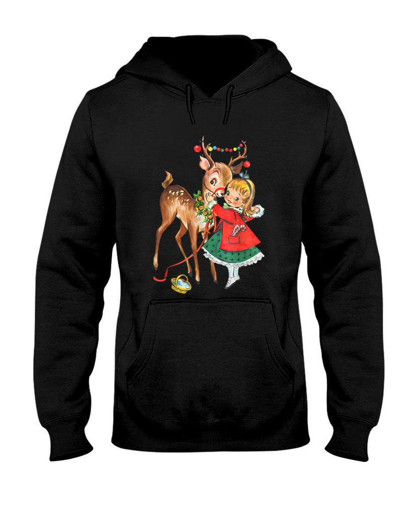 Retro Christmas Reindeer And Girl Mid Century Xmas T-Shirt