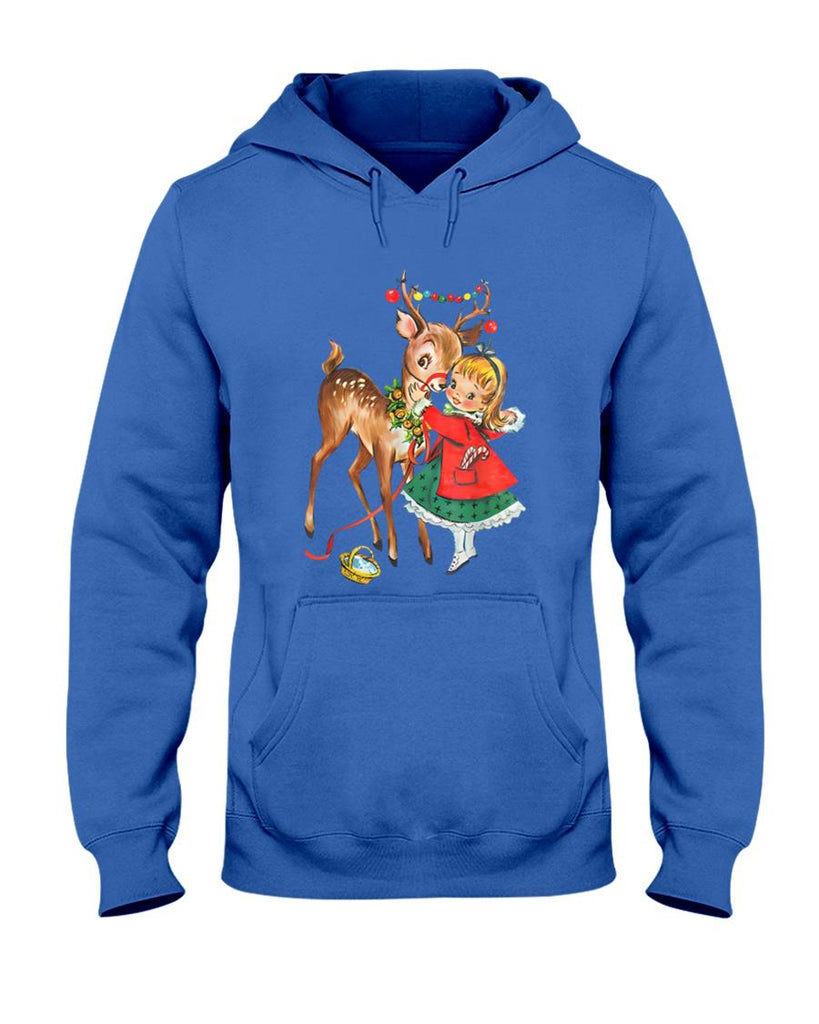Retro Christmas Reindeer And Girl Mid Century Xmas T-Shirt