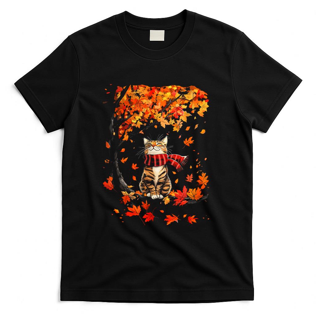 Its Fall Yall Thanksgiving Cat Leaf Fall Tree Hello Autumn T-Shirt