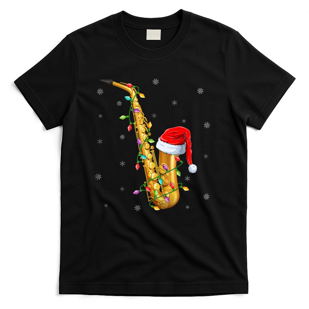 Saxophone Music Lover Xmas Lights Santa Saxophone Christmas T-Shirt