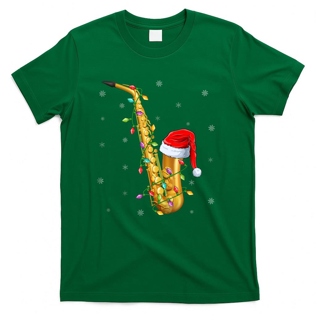 Saxophone Music Lover Xmas Lights Santa Saxophone Christmas T-Shirt