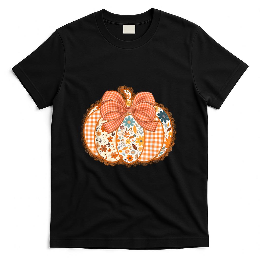 Coquette Bow Pumpkin Season Thanksgiving Autumn Fall Leaves T-Shirt