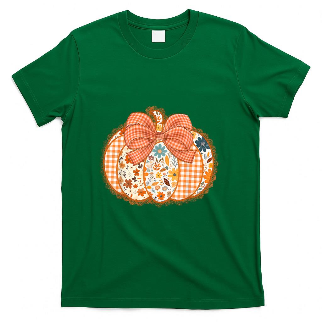 Coquette Bow Pumpkin Season Thanksgiving Autumn Fall Leaves T-Shirt