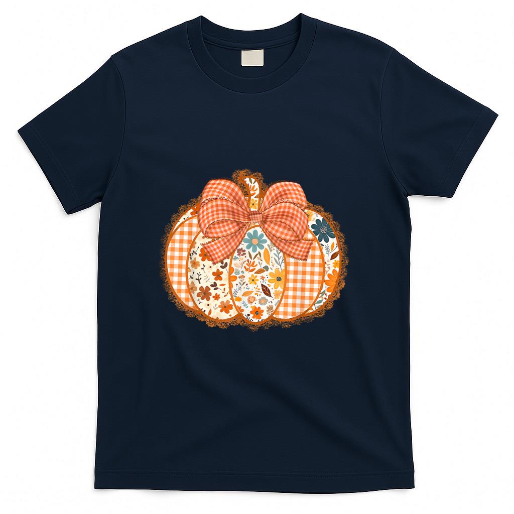 Coquette Bow Pumpkin Season Thanksgiving Autumn Fall Leaves T-Shirt