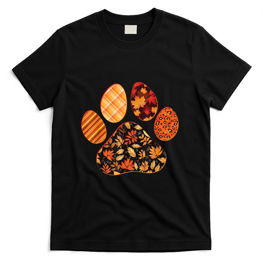 Dog Paw Print Maple Leaf Autumn Fall Leaves Season Dog Lover T-Shirt
