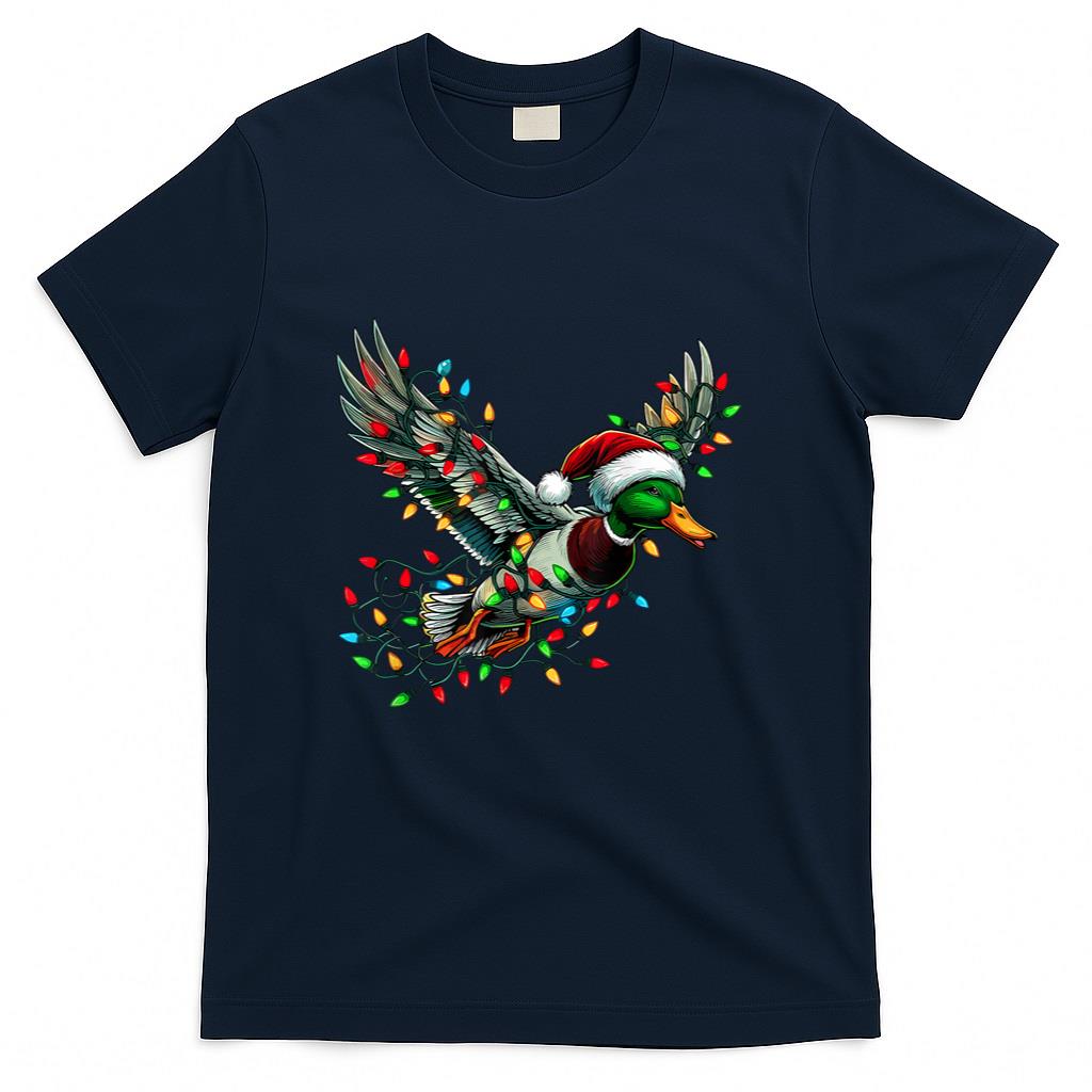 Flying Santa Duck with Christmas Lights Hunting Season T-Shirt
