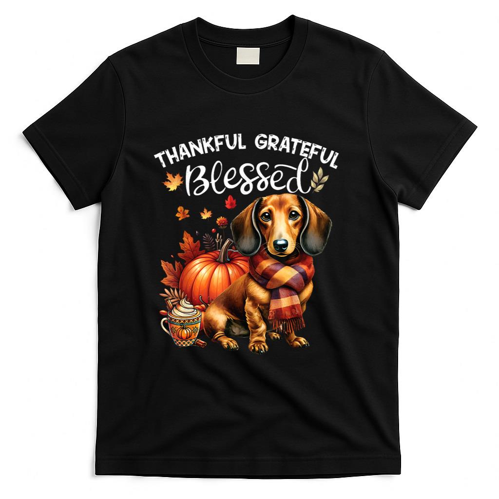 Thankful Grateful Blessed Dachshund Dog Fall Yall Autumn Men Women Kids T-Shirt