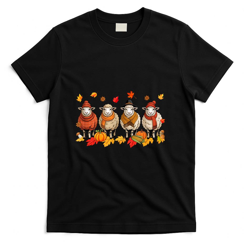 Group Sheeps Thanksgiving Fall Leaves Pumpkins Farmer T-Shirt
