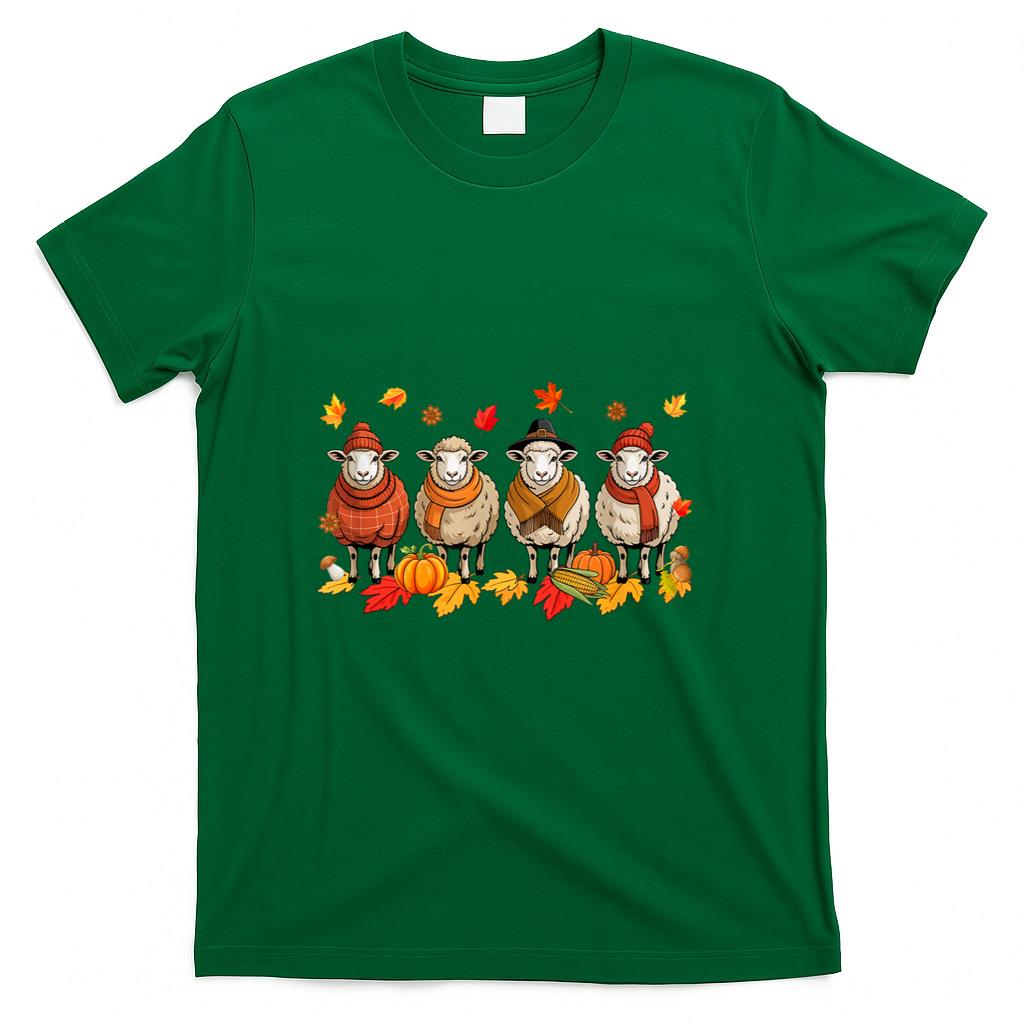 Group Sheeps Thanksgiving Fall Leaves Pumpkins Farmer T-Shirt