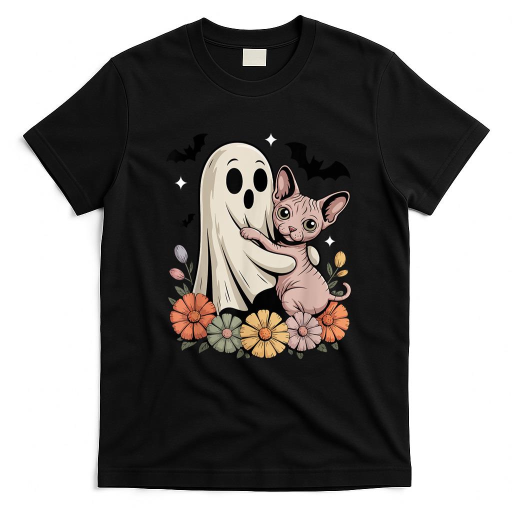 Pet Mom Halloween Shirt - Spooky Ghost Hugging Sphynx Cat Halloween Cat Mom Cute Women T-Shirt