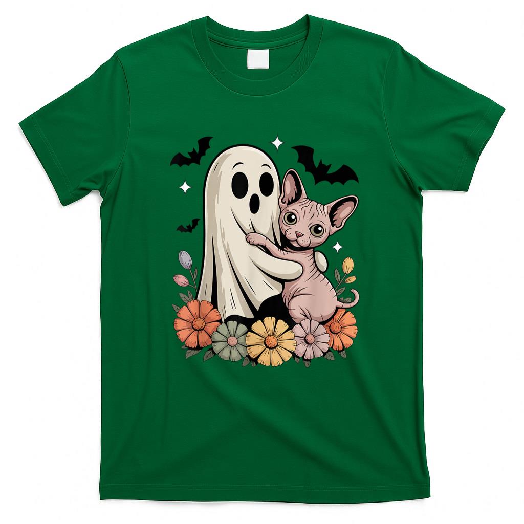 Pet Mom Halloween Shirt - Spooky Ghost Hugging Sphynx Cat Halloween Cat Mom Cute Women T-Shirt