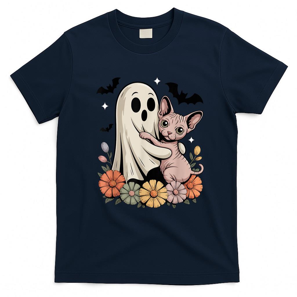Pet Mom Halloween Shirt - Spooky Ghost Hugging Sphynx Cat Halloween Cat Mom Cute Women T-Shirt