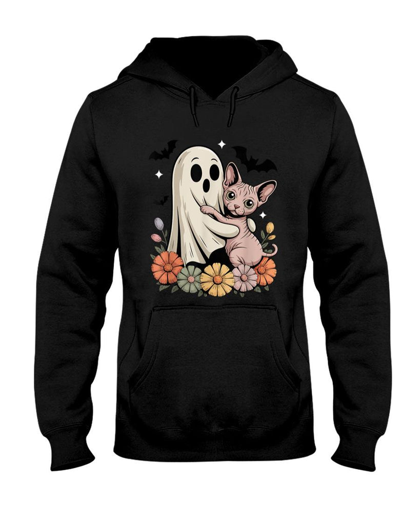 Pet Mom Halloween Shirt - Spooky Ghost Hugging Sphynx Cat Halloween Cat Mom Cute Women T-Shirt