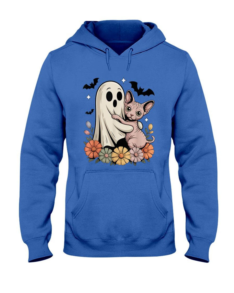 Pet Mom Halloween Shirt - Spooky Ghost Hugging Sphynx Cat Halloween Cat Mom Cute Women T-Shirt