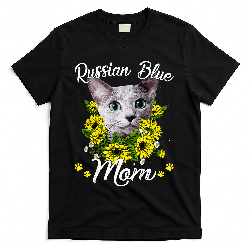 Womens Cat Mom Mother's Day Kitten Sunflower Russian Blue Mom T-Shirt