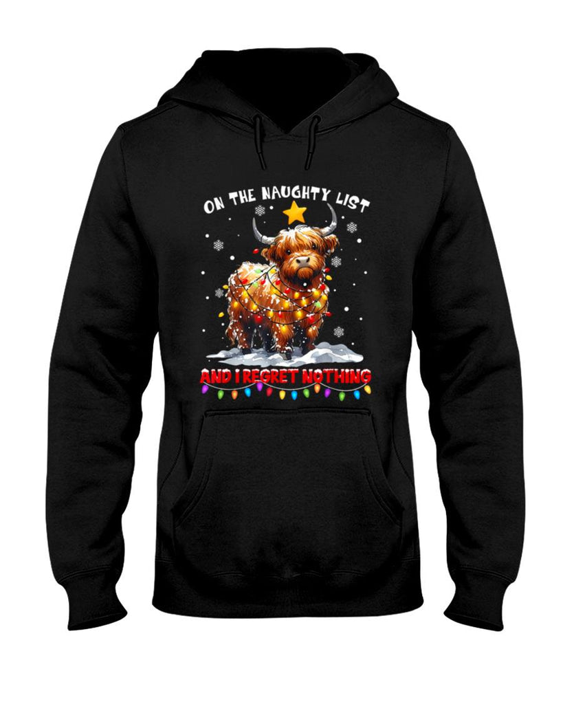 On The Naughty List And Reget Nothing Christmas Highland Cow T-Shirt