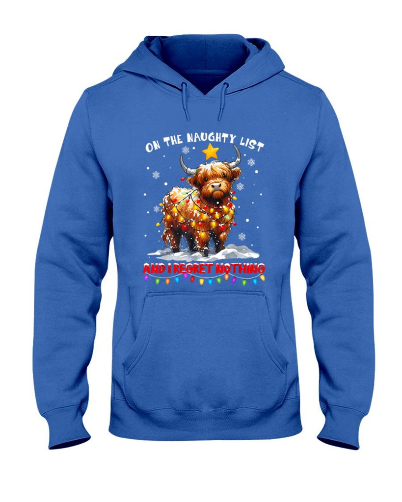 On The Naughty List And Reget Nothing Christmas Highland Cow T-Shirt