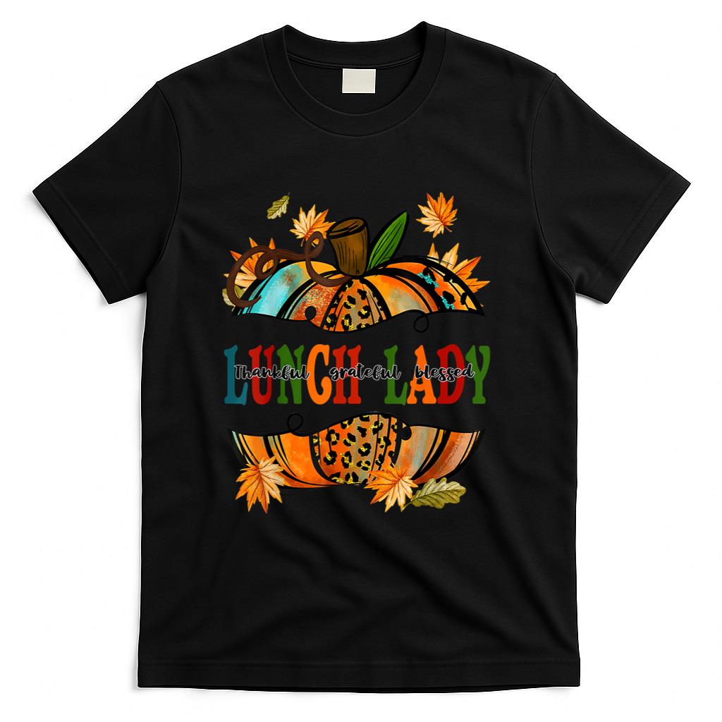 Leopard Pumpkin Fall Autumn Thanksgiving Lunch Lady Women T-Shirt