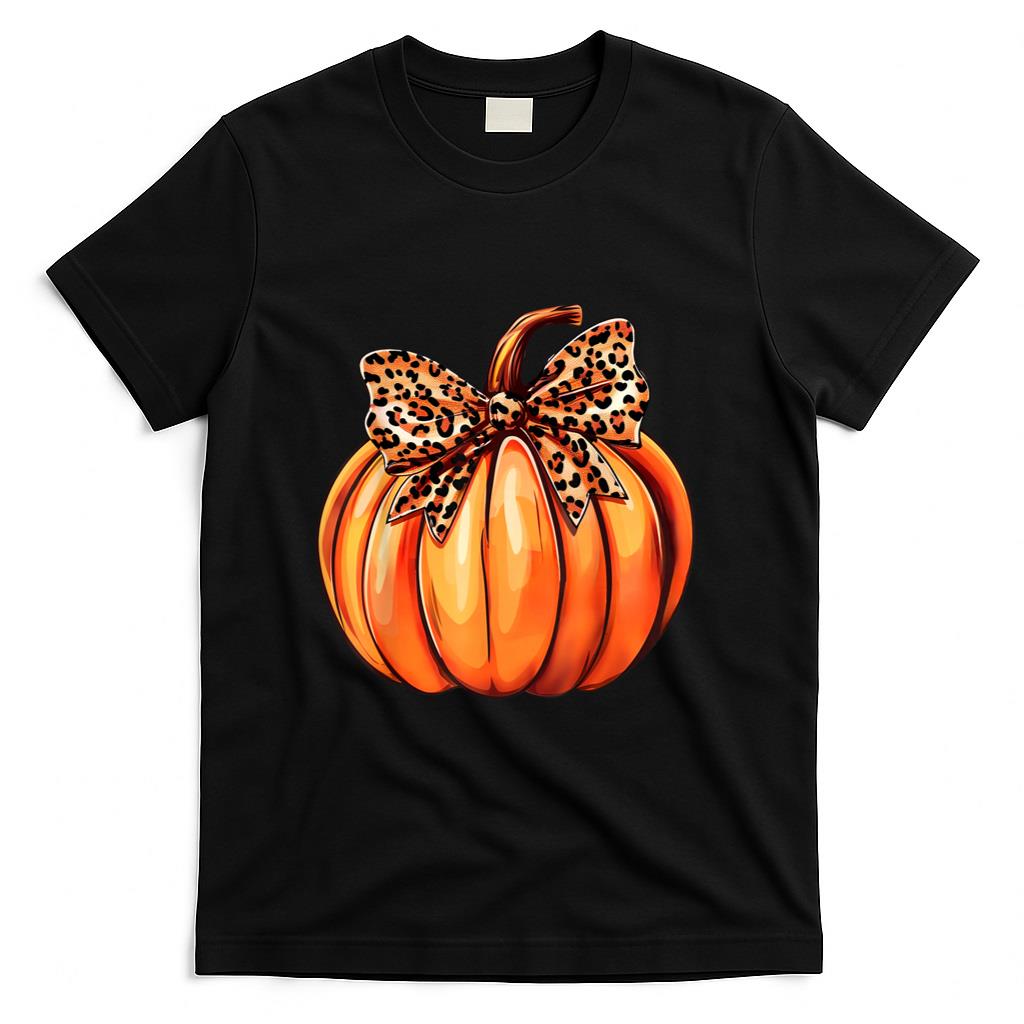 Coquette Bow Leopard Pumpkin Thanksgiving Rustic Fall Women T-Shirt