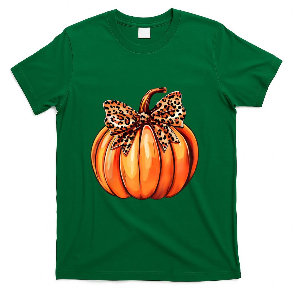 Coquette Bow Leopard Pumpkin Thanksgiving Rustic Fall Women T-Shirt