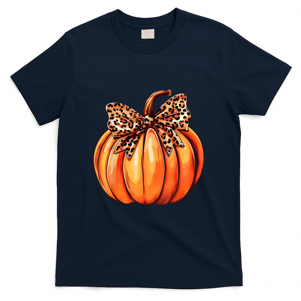 Coquette Bow Leopard Pumpkin Thanksgiving Rustic Fall Women T-Shirt