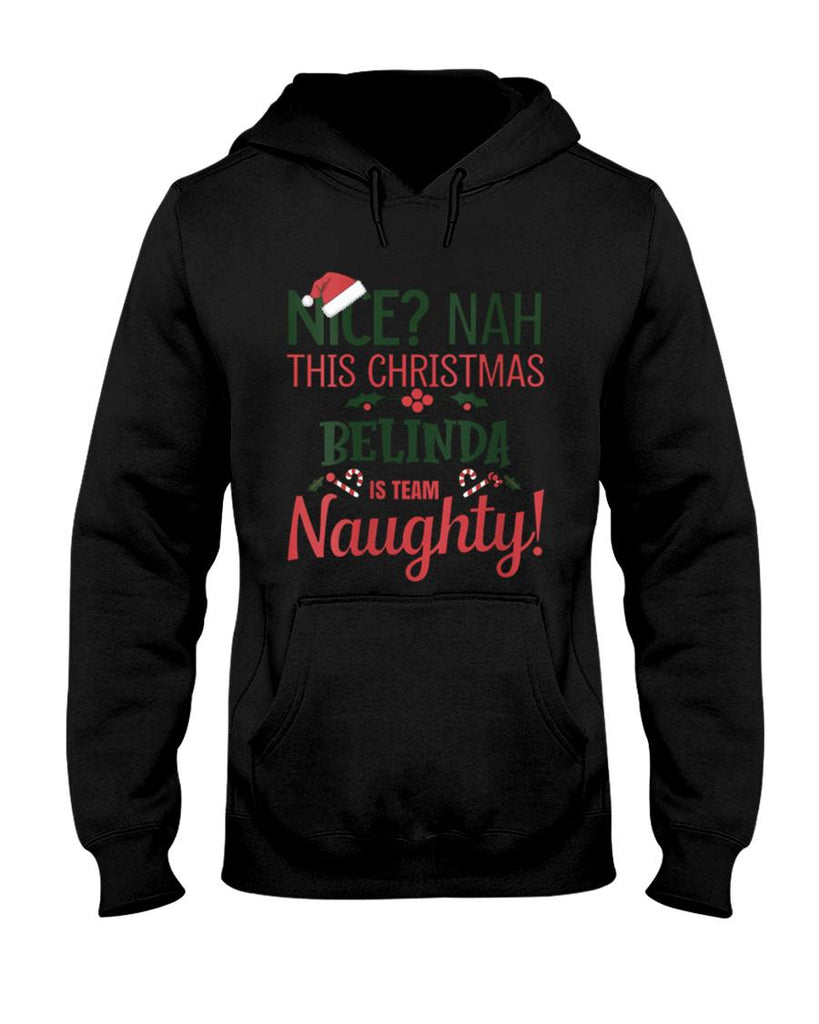 Womens BELINDA Personalized Christmas Naughty Nice BELINDA Name V-Neck T-Shirt