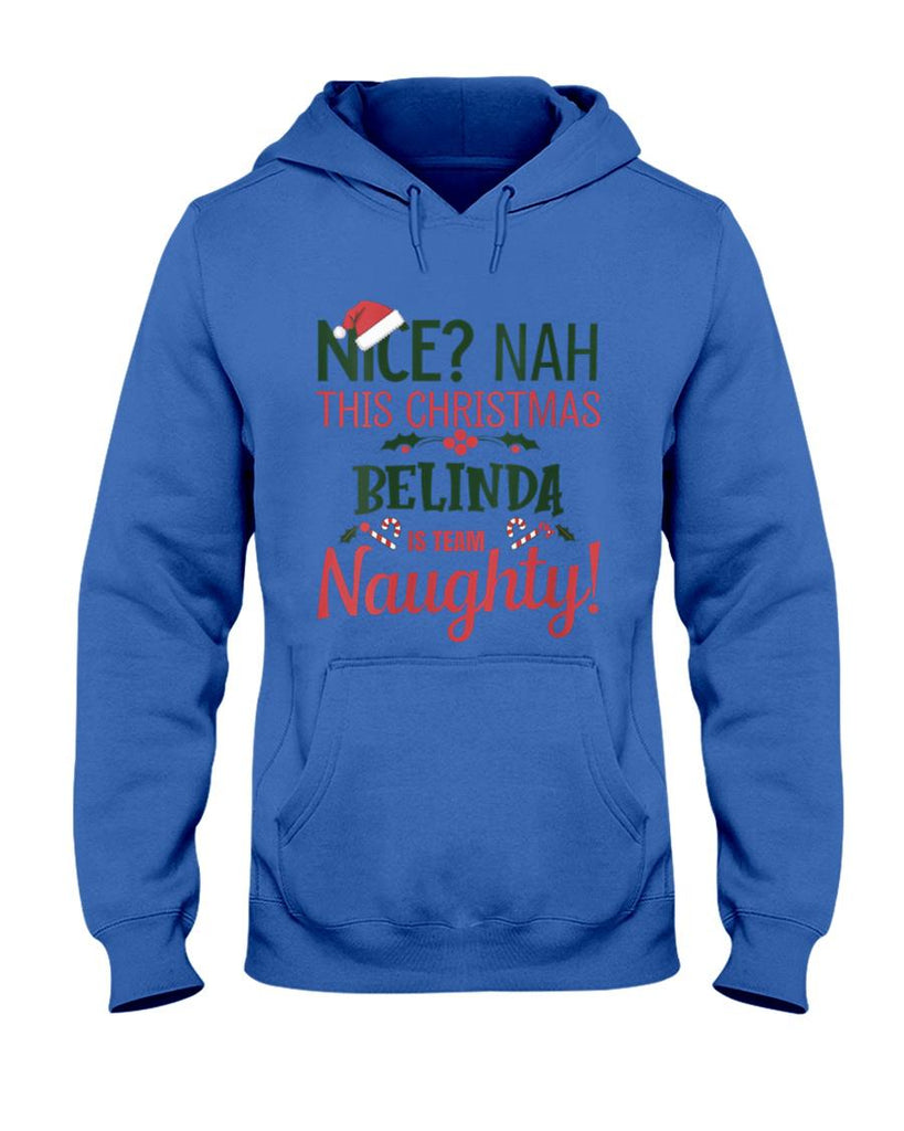 Womens BELINDA Personalized Christmas Naughty Nice BELINDA Name V-Neck T-Shirt