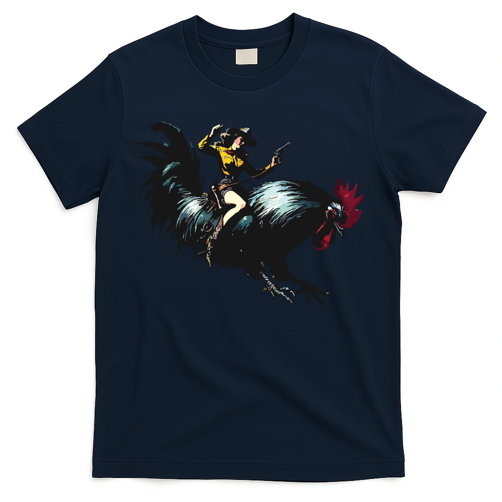 Cowgirl Riding Chicken Funny Retro Rodeo Rooster T-Shirt